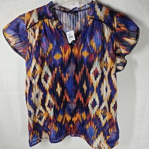 NWT Cable & Gauge Boho Ikat Print Blouse Top Multicolor Large Flutter Sleeve‎